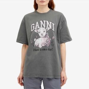 GANNI Lamb Short Sleeve Have a Nice Day T-Shirt in Volcanic Ash Grey size small